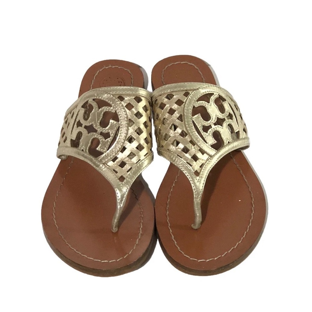 Tory Burch Women’s Thatched Perforated Platinum Gold Thong Sandals Leather